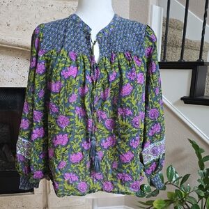 Rachel Zoe Floral Smocked Peasant Blouse - Purple & Green